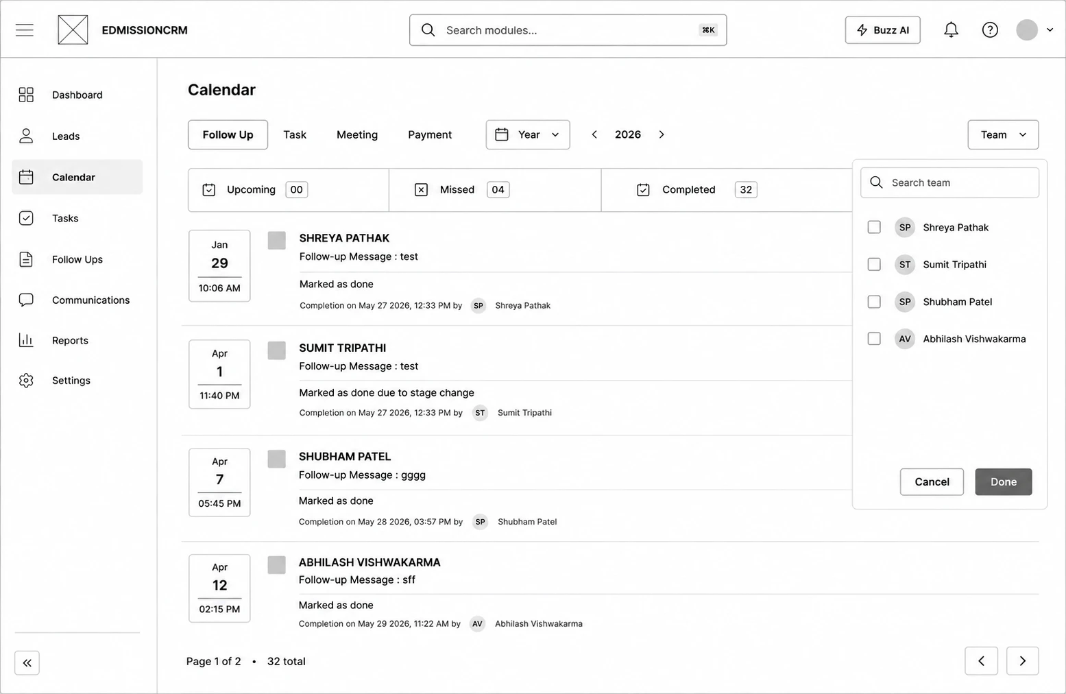 The Add / Edit User dialog in edMission CRM showing name, email, mobile number, and role fields