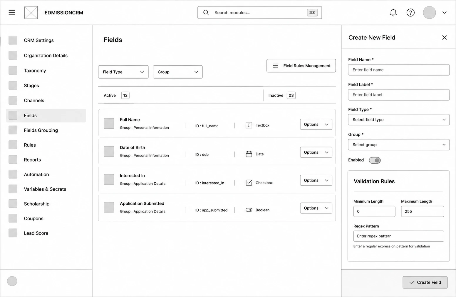 The Add / Edit User dialog in edMission CRM showing name, email, mobile number, and role fields