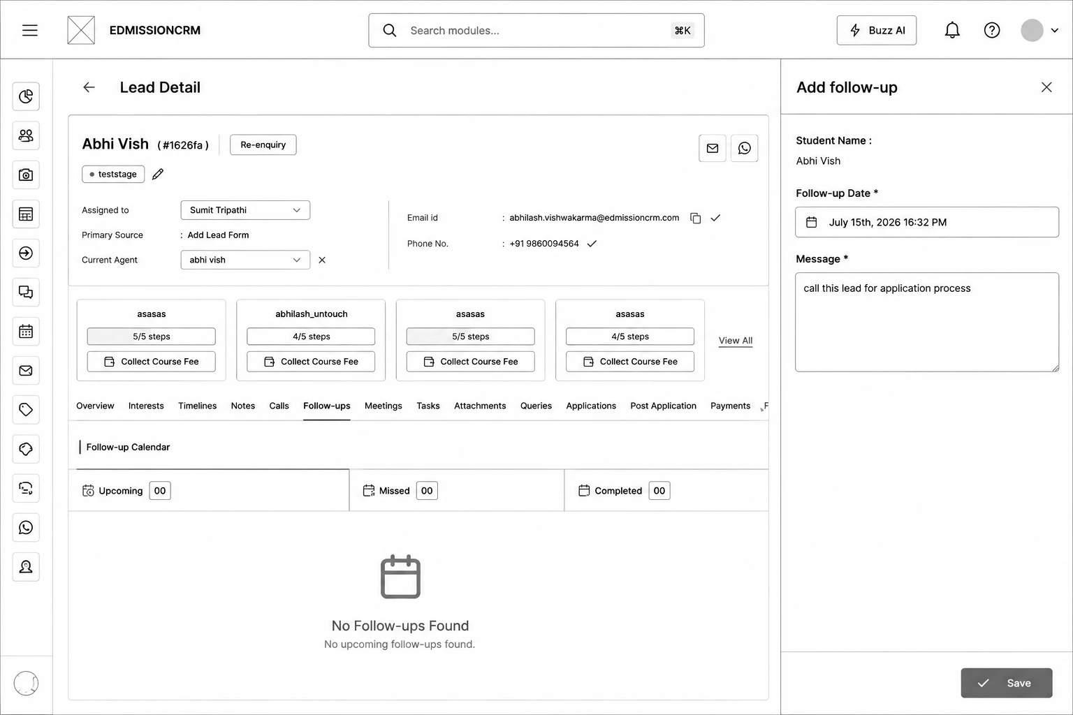 The Add / Edit User dialog in edMission CRM showing name, email, mobile number, and role fields
