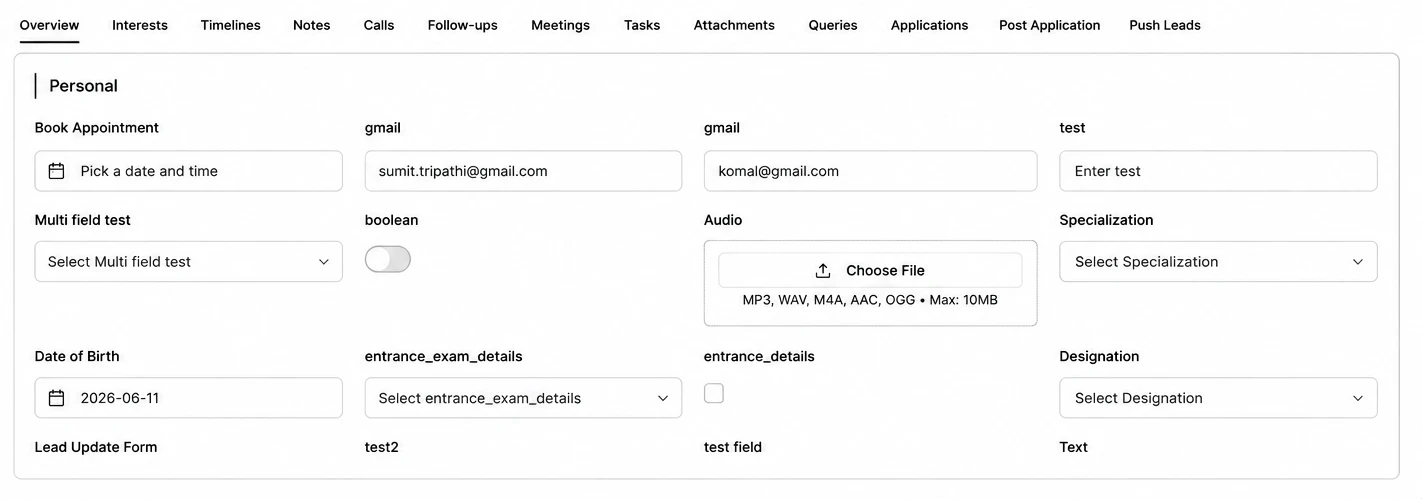 The Add / Edit User dialog in edMission CRM showing name, email, mobile number, and role fields