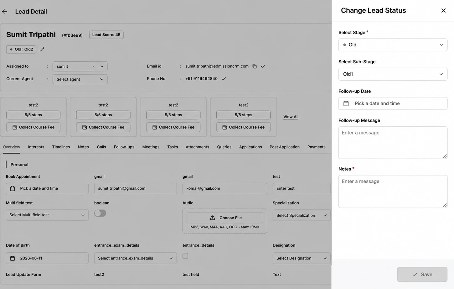The Add / Edit User dialog in edMission CRM showing name, email, mobile number, and role fields