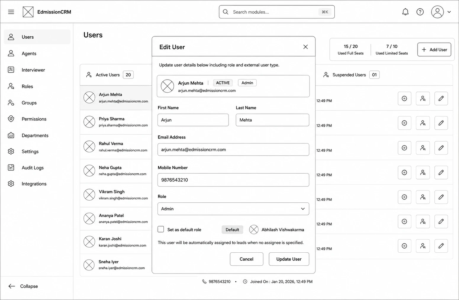 The Add / Edit User dialog in edMission CRM showing name, email, mobile number, and role fields